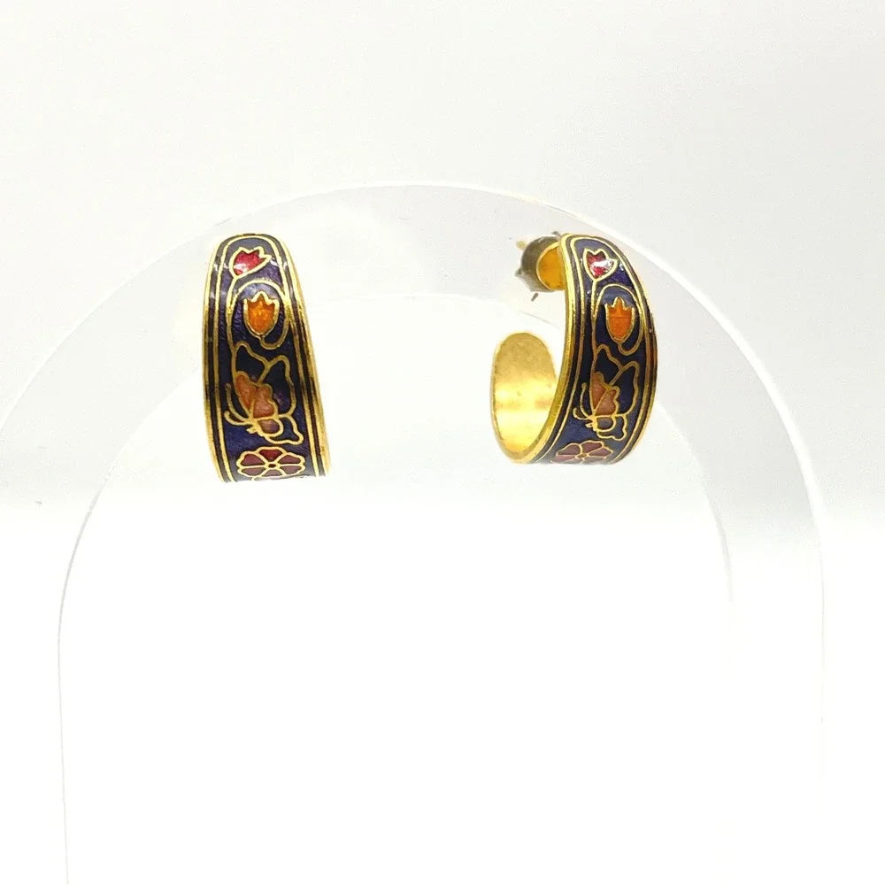 Vintage Cloisonne Enamel Floral Butterfly Hoop Earrings Gold Tone Navy Blue - Picture 6 of 8